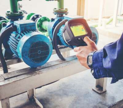 Technician thermography servicing an water Motor Cooling Tower i Technician thermography servicing an water Motor Cooling Tower i